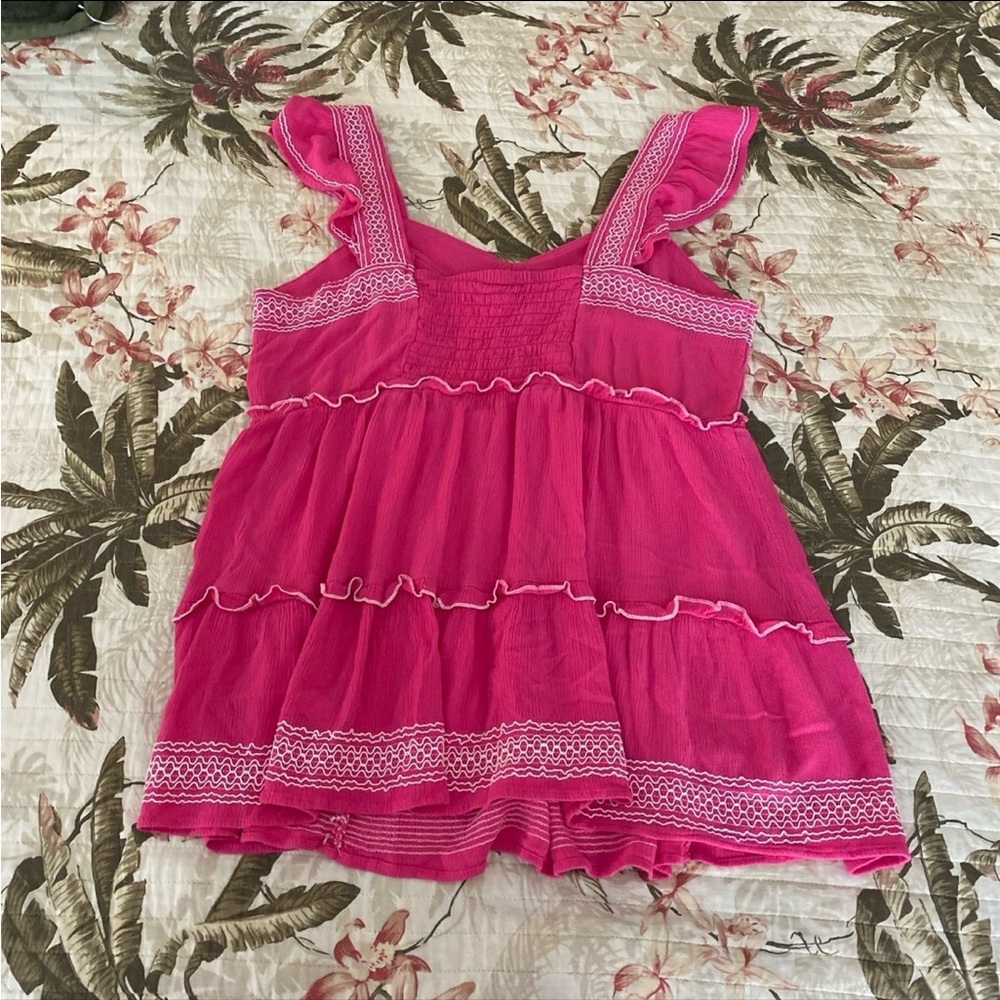 Torrid Babydoll Crinkle Gauze Embroidered Tiered Top - Barbie pink - Picture 7 of 7